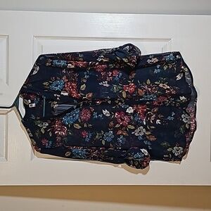 Kut From The Kloth JASMINE Button-Up Shirt Blue Floral Roll-Tab Sleeve Sheer M